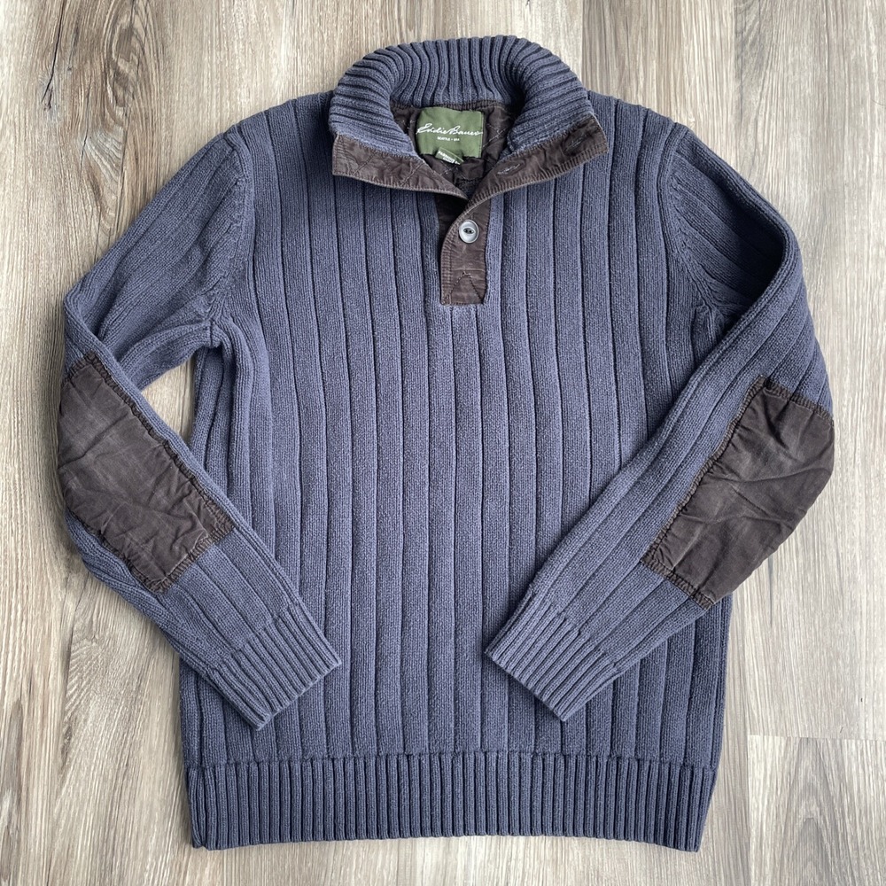 Vintage Eddie Bauer Fatigue Sweater 1/4 Button Ribbed Cotton Gray Blue‎ Men's LT